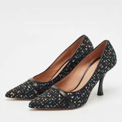 Pre Owned Malone Souliers Black Tweed and Leather Jhene Pointed Toe Pumps Size 38.5