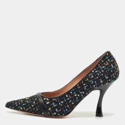 Pre Owned Malone Souliers Black Tweed and Leather Jhene Pointed Toe Pumps Size 38.5