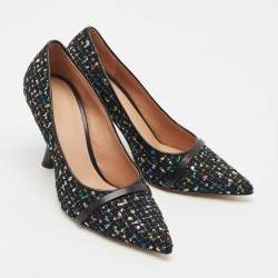 Pre Owned Malone Souliers Black Tweed and Leather Jhene Pointed Toe Pumps Size 38.5