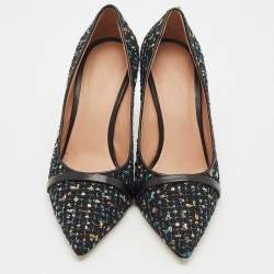 Pre Owned Malone Souliers Black Tweed and Leather Jhene Pointed Toe Pumps Size 38.5