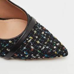 Pre Owned Malone Souliers Black Tweed and Leather Jhene Pointed Toe Pumps Size 38.5