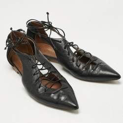 Pre Owned Malone Souliers Black Leather Montana Lace Up Pointed Toe Flats Size 41
