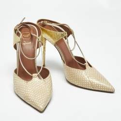 Pre Owned Malone Souliers Gold/Beige Leather and Python Embossed Daria Mules Size 41