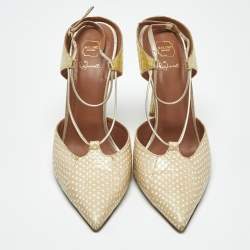 Pre Owned Malone Souliers Gold/Beige Leather and Python Embossed Daria Mules Size 41