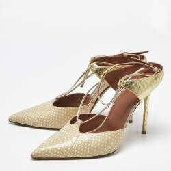Pre Owned Malone Souliers Gold/Beige Leather and Python Embossed Daria Mules Size 41