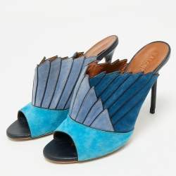 Pre Owned Malone Souliers Blue Suede Colorblock Mules Size 39