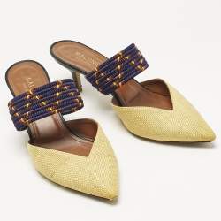 Pre Owned Malone Souliers Yellow/Navy Blue Raffia and Cord Maisie Pointed Toe Mules Size 39