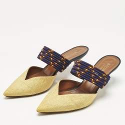 Pre Owned Malone Souliers Yellow/Navy Blue Raffia and Cord Maisie Pointed Toe Mules Size 39