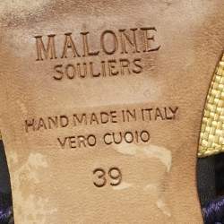 Pre Owned Malone Souliers Yellow/Navy Blue Raffia and Cord Maisie Pointed Toe Mules Size 39