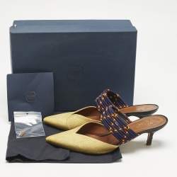 Pre Owned Malone Souliers Yellow/Navy Blue Raffia and Cord Maisie Pointed Toe Mules Size 39