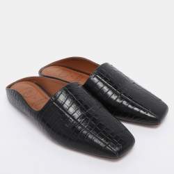 Pre Owned Malone Souliers x Deveaux New York Black Croc Embossed Leather Mules Size 35