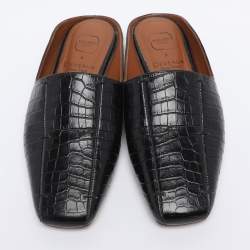 Pre Owned Malone Souliers x Deveaux New York Black Croc Embossed Leather Mules Size 35