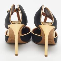 Pre Owned Malone Souliers Black/Gold Satin And Leather Imogen Pointed Toe Sandals Size 37