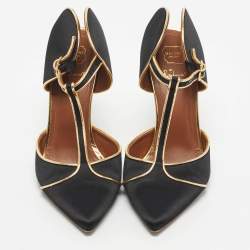 Pre Owned Malone Souliers Black/Gold Satin And Leather Imogen Pointed Toe Sandals Size 37