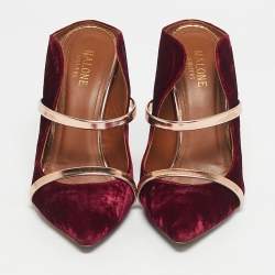 Pre Owned Malone Souliers Gold/Burgundy Velvet and Leather Maureen Mules Size 37