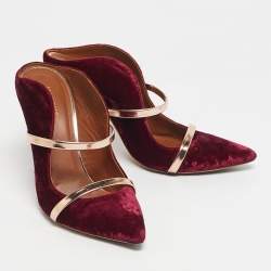 Pre Owned Malone Souliers Gold/Burgundy Velvet and Leather Maureen Mules Size 37