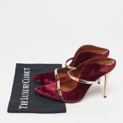 Pre Owned Malone Souliers Gold/Burgundy Velvet and Leather Maureen Mules Size 37