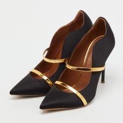 Pre Owned Malone Souliers Black/Gold Satin and Leather Maureen Flat Mules Size 39