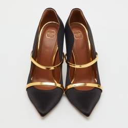 Pre Owned Malone Souliers Black/Gold Satin and Leather Maureen Flat Mules Size 39