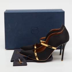 Pre Owned Malone Souliers Black/Gold Satin and Leather Maureen Flat Mules Size 39