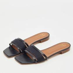 Pre Owned Malone Souliers Black Leather and Canvas Macrame Napa Flat Slides Size 42