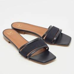 Pre Owned Malone Souliers Black Leather and Canvas Macrame Napa Flat Slides Size 42