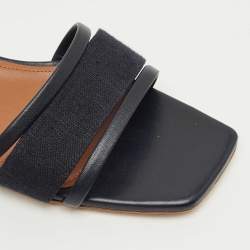 Pre Owned Malone Souliers Black Leather and Canvas Macrame Napa Flat Slides Size 42