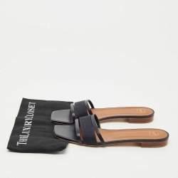 Pre Owned Malone Souliers Black Leather and Canvas Macrame Napa Flat Slides Size 42