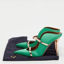 Pre Owned Malone Souliers Green/Rose Gold Satin and Leather Maureen Pointed Toe Mules Size 38.5