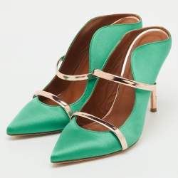 Pre Owned Malone Souliers Green/Rose Gold Satin and Leather Maureen Pointed Toe Mules Size 38.5