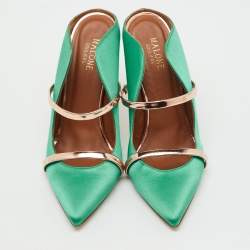 Pre Owned Malone Souliers Green/Rose Gold Satin and Leather Maureen Pointed Toe Mules Size 38.5
