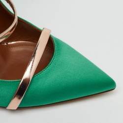 Pre Owned Malone Souliers Green/Rose Gold Satin and Leather Maureen Pointed Toe Mules Size 38.5