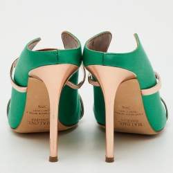 Pre Owned Malone Souliers Green/Rose Gold Satin and Leather Maureen Pointed Toe Mules Size 38.5
