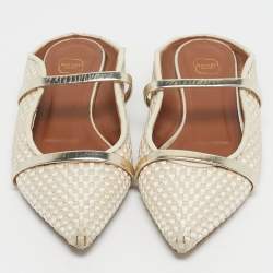 Pre Owned Malone Souliers Cream/Gold Woven Satin and Leather Maureen Flat Mules Size 37.5