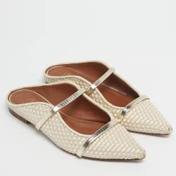 Pre Owned Malone Souliers Cream/Gold Woven Satin and Leather Maureen Flat Mules Size 37.5