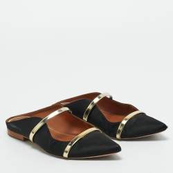 Pre Owned Malone Souliers Gold/Black Leather and Satin Maureen Mule Sandals Size 37