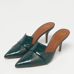 Pre Owned Malone Souliers Green Croc Embossed Leather and Leather Pointed Toe Mules Size 39