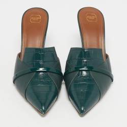 Pre Owned Malone Souliers Green Croc Embossed Leather and Leather Pointed Toe Mules Size 39