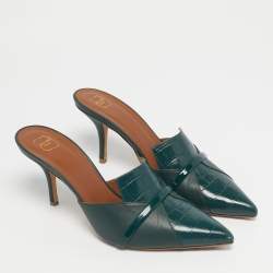 Pre Owned Malone Souliers Green Croc Embossed Leather and Leather Pointed Toe Mules Size 39