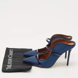 Pre Owned Malone Souliers Navy Blue Woven Satin and Leather Maureen Mules Size 40.5