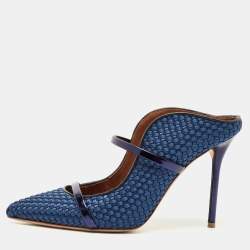 Pre Owned Malone Souliers Navy Blue Woven Satin and Leather Maureen Mules Size 40.5