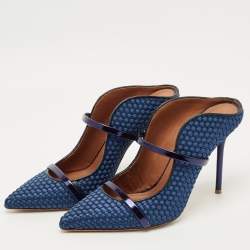 Pre Owned Malone Souliers Navy Blue Woven Satin and Leather Maureen Mules Size 40.5