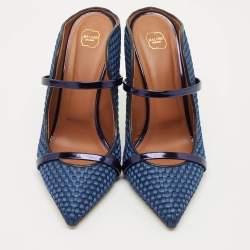 Pre Owned Malone Souliers Navy Blue Woven Satin and Leather Maureen Mules Size 40.5