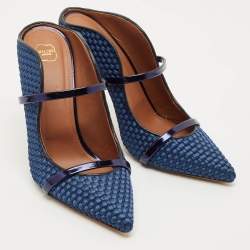 Pre Owned Malone Souliers Navy Blue Woven Satin and Leather Maureen Mules Size 40.5
