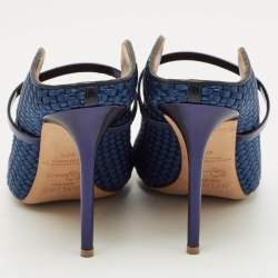 Pre Owned Malone Souliers Navy Blue Woven Satin and Leather Maureen Mules Size 40.5