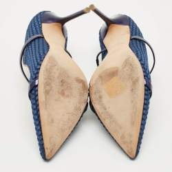 Pre Owned Malone Souliers Navy Blue Woven Satin and Leather Maureen Mules Size 40.5
