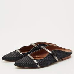 Pre Owned Malone Souliers Black/Silver Leather and Woven Fabric Maureen Mules Size 39