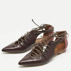 Pre Owned Malone Souliers Burgundy Leather and Suede Montana Lace Up Flat Size 37