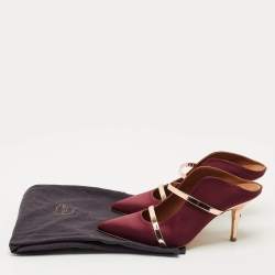 Pre Owned Malone Souliers Burgundy/Rose Gold Satin and Leather Maureen Pointed Toe Mules Size 38.5