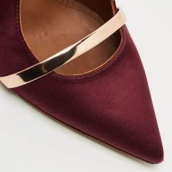 Pre Owned Malone Souliers Burgundy/Rose Gold Satin and Leather Maureen Pointed Toe Mules Size 38.5